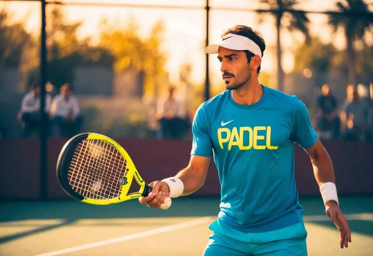A spiller holder en padel tennisketcher øjnene fokuseret på bolden Banen er badet i varmt sollys hvilket skaber en livlig energisk atmosfære